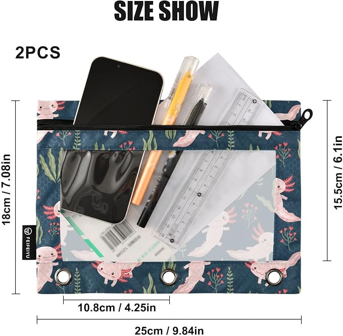 Emelivor Cute Salamander Pencil Pouch for 3 Ring Binder 2 Pack Binder Pencil Case with Clear Window Pencils Bags with Zipper for Office Daily College Home Supplies