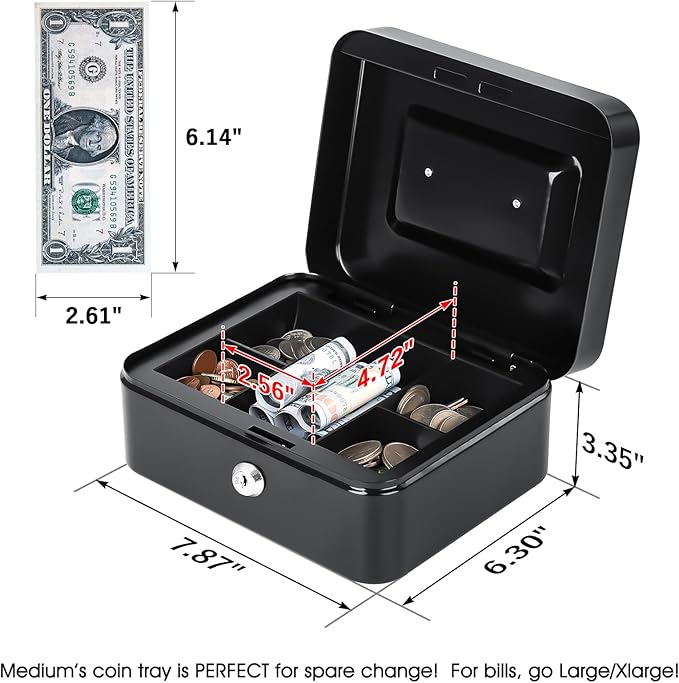 KYODOLED Metal Cash Box with Key Lock & Money Tray - Secure Safe for Home, Office & Events, Ideal for Cash, Meds & Small Items, 7.87" x 6.30" x 3.35", Black, 2 Pack