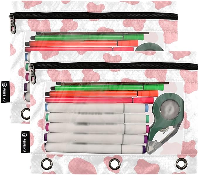 Gredecor Binder Pencil Pouch 3 Ring Abstract Pink Cow Zipper Pencil Pouches Case 2 Pack Clear Binder Organizer for School Office