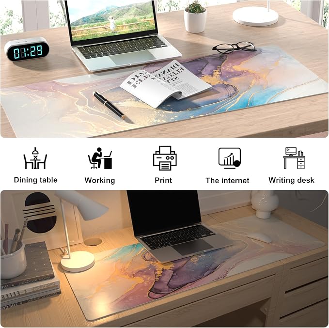 Colorful Star Waterproof Blue Purple Marble Desk Pad, 31.5" x 11.8" | PU Leather Desk Mat Large Keyboard and Gaming Mouse Pads for Office, Non-Slip Writing Pad Desk Accessories for Women Men
