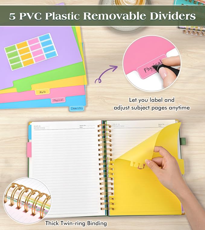 Spiral Notebook Journal with Removable Dividers Tabs, 300 Pages Hardcover Leather 5 Subject College Ruled Notebook, 6.1"x8.2" A5 Lined Journal for Women Men, Spiral Notebook for Work School,Green