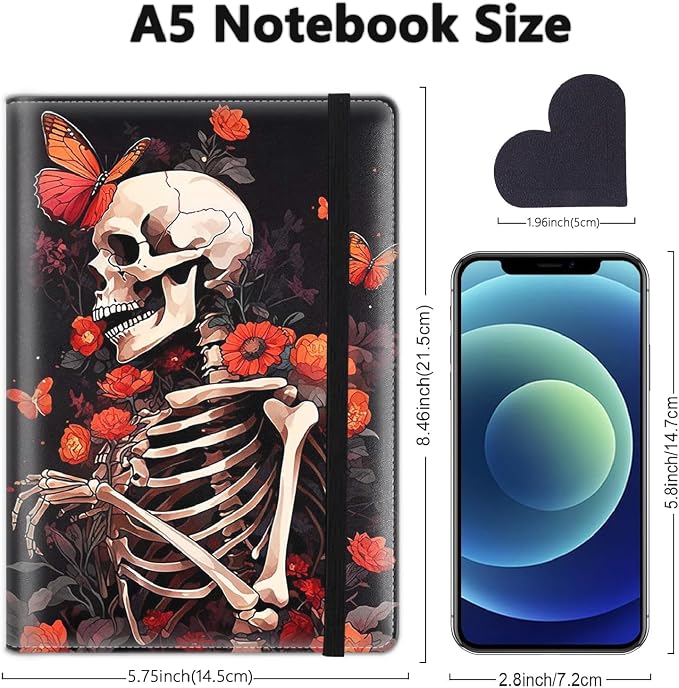 A5 Leather Lined Journal Notebook, 200 Pages Hardcover Executive Notebook for Men Women Office School Note Taking, Thick Writing Paper Daily Journal with Bookmarks/Indexes, Skeleton and Red Flower