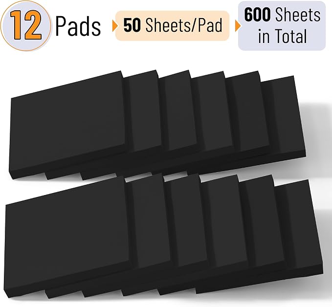 Mr. Pen- Sticky Notes, 3"x3", 12 Pads, 600 Sheets, Black, Sticky Notes Bulk | Self-Stick Note Pads, Perfect for Office, School, Home, Study & Organization