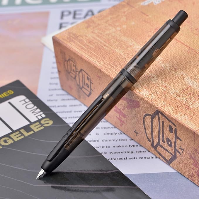 Jinhao 20 Press Fountain Pen, Transparent Black Retractable Fine Nib with Ink Converter Set (Black Clip)