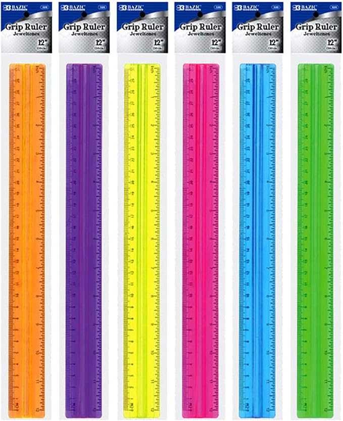 BAZIC Products 12 in Plastic Ruler with Handle Grip, 288-Case | 12 in (30 cm), clear inch and centimeter marks for measuring and drawing, Inch &