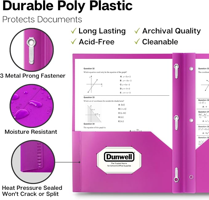 Dunwell Plastic 2 Pocket Folders with 3 Prongs, (24 Pack, Assorted Colors), Bulk 3-Clasp Folders with Fasteners, Tear-Resistant, Long Lasting Acid-Free Poly, Includes Labels