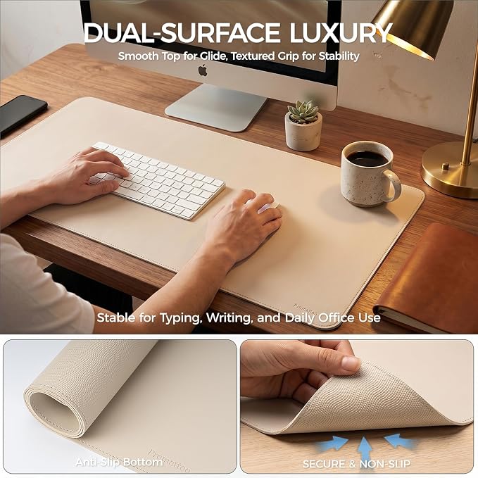 Large Desk Pad Non-Slip Desk Mat Protector for Keyboard Mouse Waterproof Vegan Leather Surface Faux Leather Laptop Mat Smooth Mouse Pad Premium Gift Tube Warm Beige 47" x 23"
