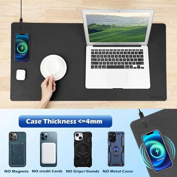 Wireless Charging Desk Mat, Mouse Pad, Black-L, 36 * 17inch