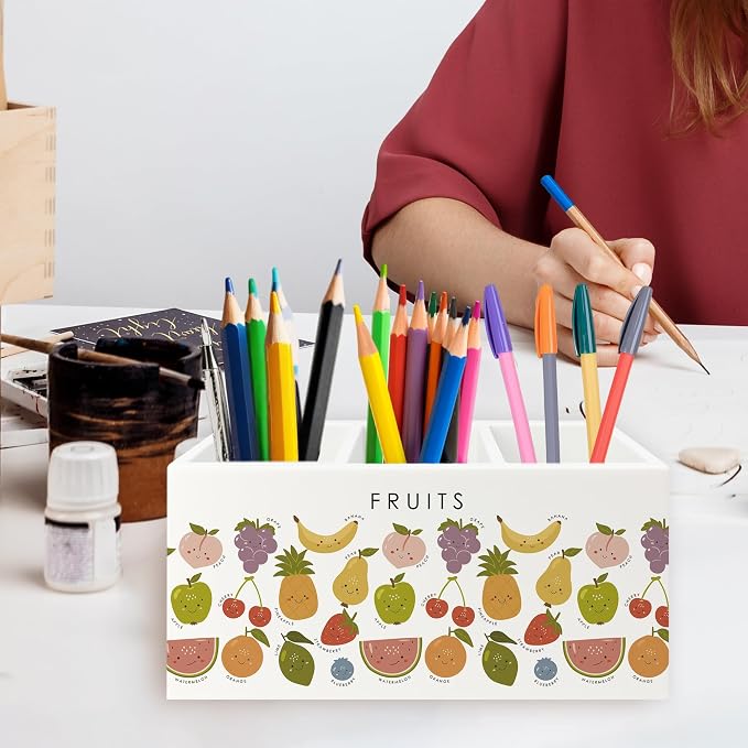 Boho Classroom Pen Pencil Holder Organizer for Desk, Fruits Educational Wooden Box Signs Decorations for Kids Boys Girls Room Bedroom Classroom Bedroom Desk Tabletop, Kids Room Decor