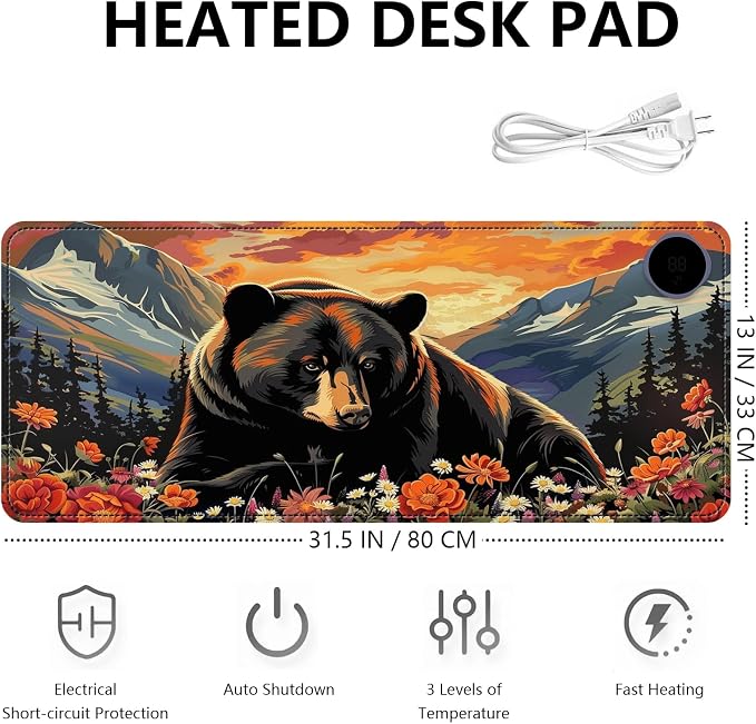 Heated Mouse Pad with 3 Levels Heated & 3 Hours Auto Shut-Off Mouse Pad for Warming Hands in Office Home, 31.5" x 13"Large Safe Desk Mat Hand Warmer，Black Bear