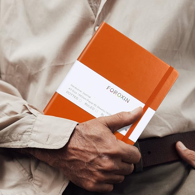 Grid Journal Bullet Notebook - Orange Leather Cover, 8.3 x 5.7Inch, 160 Pages, 100gsm Paper, Hardcover with Inner Pocket, Elastic Closure and Ribbon Bookmark, Great for Women and Men
