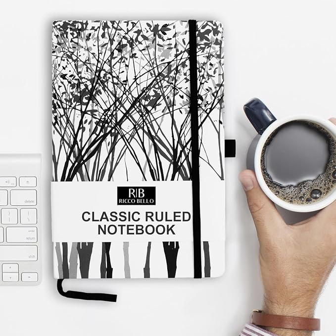 RICCO BELLO Lined Journal Notebook, Black and White Tree, Hardcover | With Pen Holder, College Ruled, 96 Sheets / 192 Pages, 5.7 x 8.4 Inches, For Work, Notes