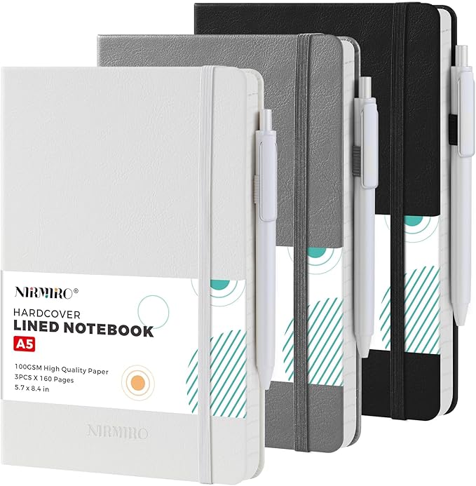 Hardcover Journal Notebook for Work, A5 (5.7"x8.4"), 3 Pack 160 Pages Lined Journaling Notebooks with Pen, 100GSM Paper, for Women Men Writing, Travel, Business, Daily Diary, School Office Supplies