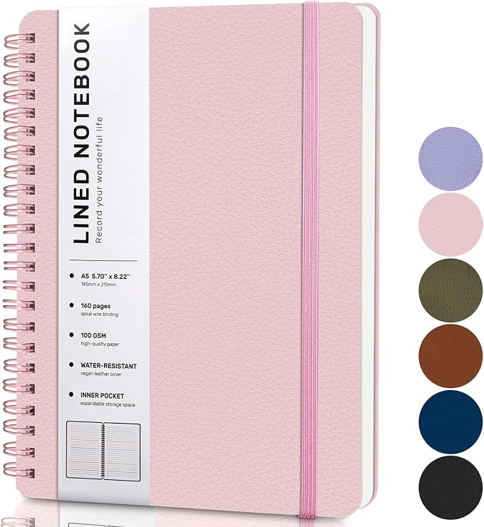 ABERLLS Lined Spiral Journal Notebook with 160 Pages, 8×5.7in, A5 Spiral Notebook, Journaling Notebooks for Work, School, Women, Men, College Ruled Spiral Notebook, Hardcover Leather Journals, Pink