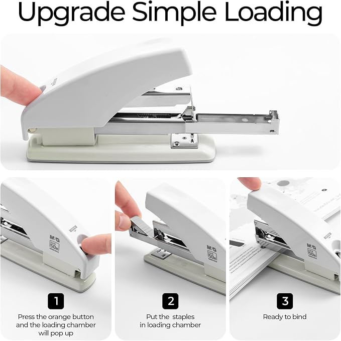 M&G Effortless Stapler for Desk, 50 Sheet Capacity, Heavy Duty Desktop Stapler with 1000 Staples & Staple Remover, One Finger Touch, Good for Office Home School, White