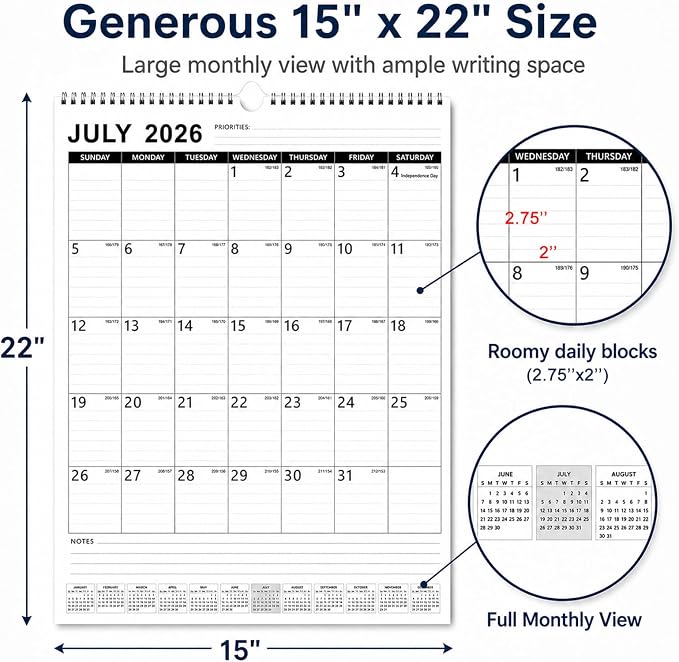 Large Wall Calendar 2026-2027, 18 Month Vertical Wall Calendar Jul 2026 – Dec 2027, 15" x 22" with Thick Paper & Large Blocks for Home Office Minimalist
