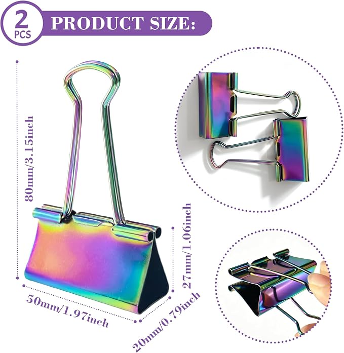 2 Inch Rainbow Paper Clamps, Medium Binder Clips for Home Office, 2 Pcs | 2-pack, Medium Rainbow Binder Clip, Colorful Paper Clamps, for Organizing Office Files, Folders, and Documents.