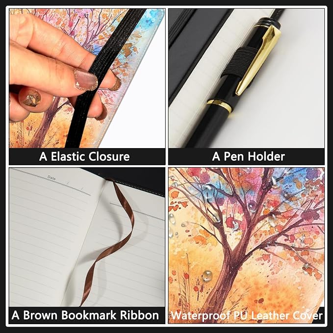 A5 Leather Lined Journal Notebook, 200 Pages Hardcover Executive Notebook for Office School Note Taking, Thick Writing Paper Daily Journal with Bookmarks/Indexes, Watercolor Tree Painting