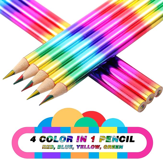Fainne 96 Pieces Rainbow Colored Pencils, 4 Color in 1 Rainbow Wooden Pencils for Back to School, Kids Art Supplies, Student Reward Gifts (Holographic Type)