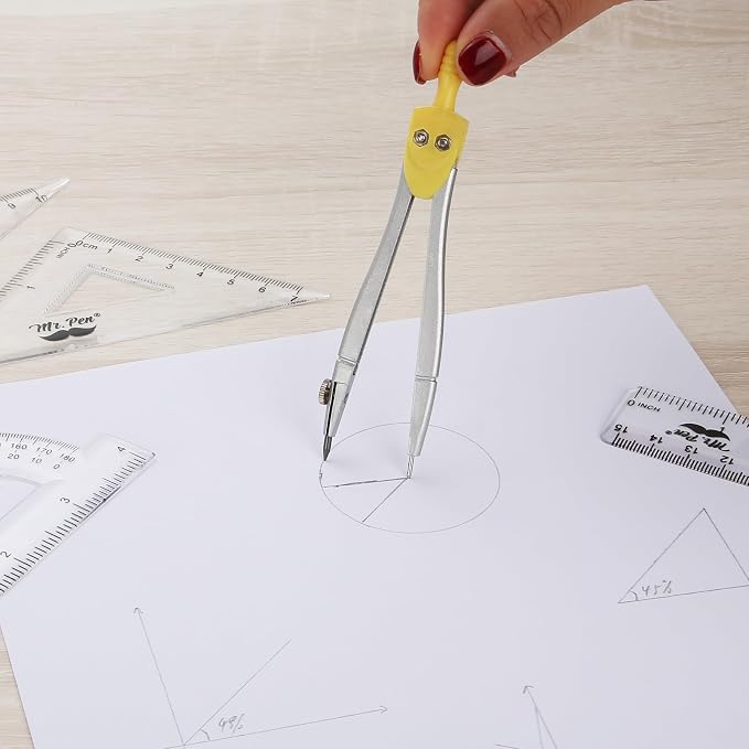 Mr. Pen- Geometry Set, 13 pcs, 3 Metal Compasses, Protractor, 6" Ruler | 45° & 30°/60° Set Squares, Pencils, Lead Refills, Sharpener & Eraser for Math, Drafting & Classroom Use | 45° & 30°/60° Set Squares, Pencils, Lead Refills, Sharpener & Eraser for ...
