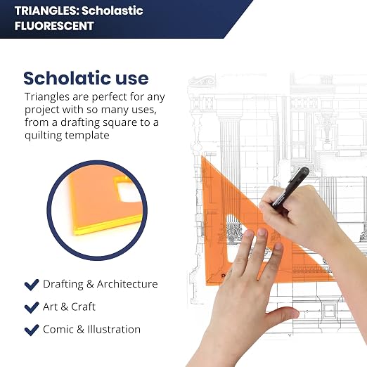 Pacific Arc's Scholastic Triangle - 10 inch - Fluorescent - 45/90 Angle - Polystyrene - Inking Edge - Technical Drawing Tools, Drafting, Architect and Engineering