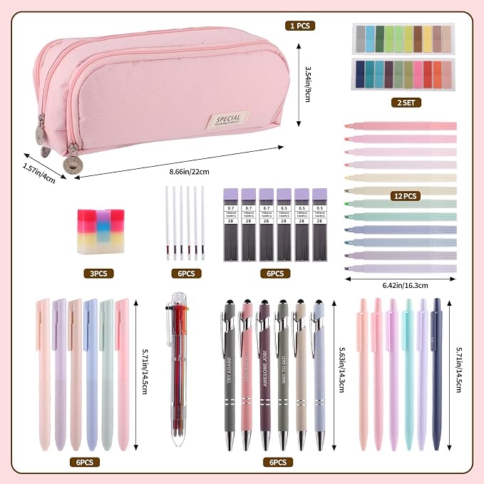 BESARME Pink Pencil Case with Supplies for College & Nursing Students 39ct | Back to School Supplies, 6 gel pens, 12 highlighters, 6 ballpoint pens, 6 mechanical pencils, refills, erasers