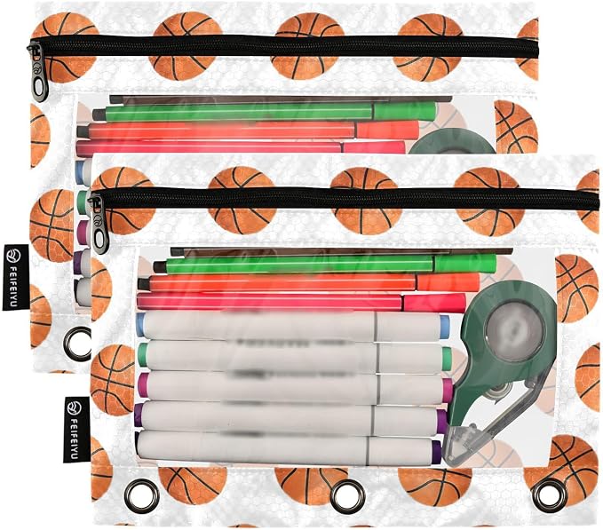 Basketball Pencil Pouches for 3 Ring Binder, Zipper Binder Pencil Case, 2 Pack Clear Window Case Bag for Office Organizers