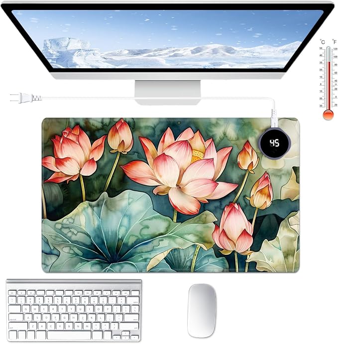 Heated Desk Pad Large Mouse Pad 23.6 x 14.1 inch with 3 Levels Heating & Auto Shut-Off Warm Mouse pad PU Leather Computer Mousepad for Home Office Work - Lotus Flower and Lotus Leaf