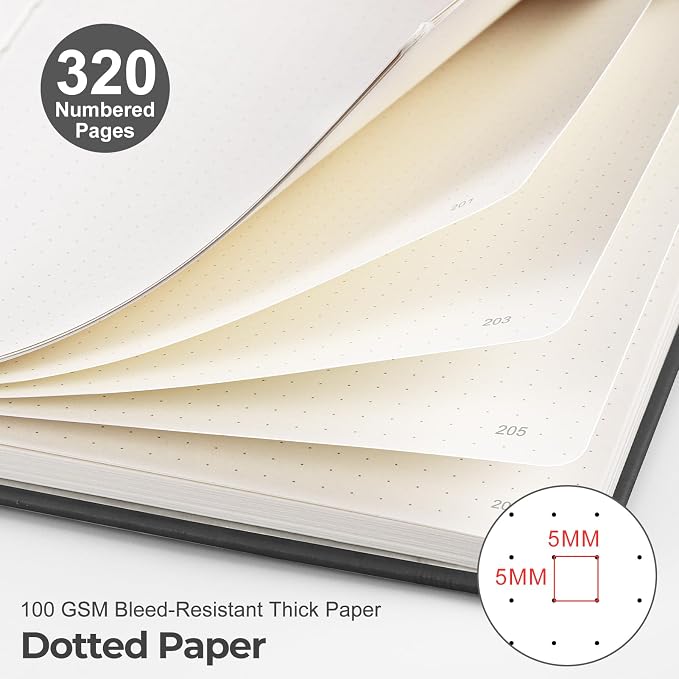 EMSHOI Dotted Journal Notebook, 320 Pages, A5 Size (5.7'' x 8.3'') | Leather Hardcover, 100 GSM Thick Paper, for Journaling, Planning, Tracking & Sketching, Sun Debossed (Black)