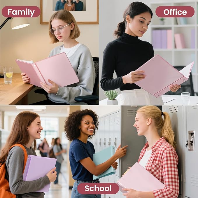 SUNEE 3 Ring Binder 1 Inch 4 Pack, Clear View 1" Binders Three Ring PVC-Free (Fit 8.5x11 Inches) for School or Office Supplies, Pink