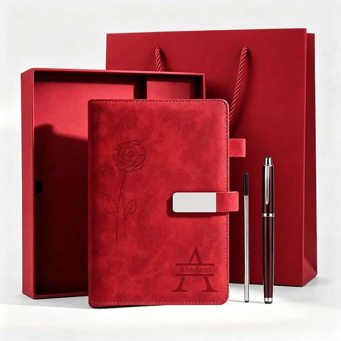 CRME Personalized Leather Journal with Pen and Gift Box, Personalized A5 Hardcover Notebook with Custom Name,Lined Leather Journal for Writing Business Travel,Red