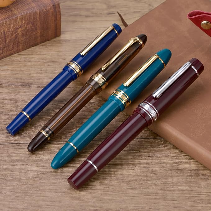 Wikult Yongsheng Junlai 930 Acrylic Fountain Pen, Size 9 Broad Nib with Piston Filling System, Wine Red Fence Ink Tank with Flat Top Design Smooth Writing Pen (Silver Trim)