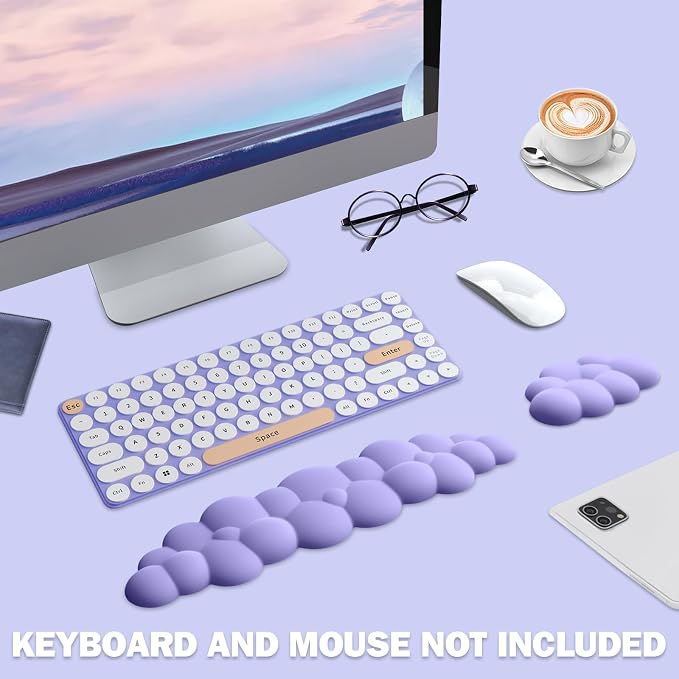 Cloud Keyboard Wrist Rest Pad Set,Enlarge PU Leather Memory Foam Wrist Cushion Support,Easy Typing Pain Relief,Mouse Wrist Rest Pad,Non-Slip Wrist Support for Home, Office, Lavender Purple