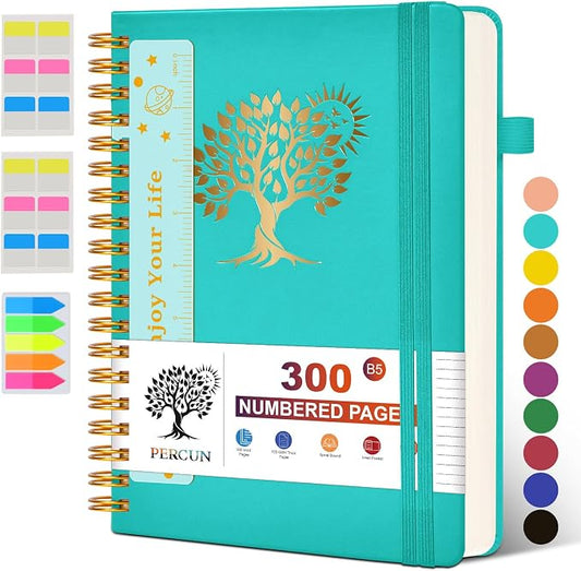 PERCUN B5 Spiral Notebook 300 Numbered Lined Pages Hardcover Journal 7"x10" | College Ruled Spiral Bound Notebook with Tabs, Large Leather Journal for Women Men, Work, School, Travel,Writing,Note Taking