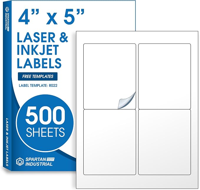 4" X 5" Matte White Printable Shipping Labels (500 Sheets, 2000 Stickers) Address and Mailing Labels for Laser & Inkjet Printers - Spartan Industrial Template R022
