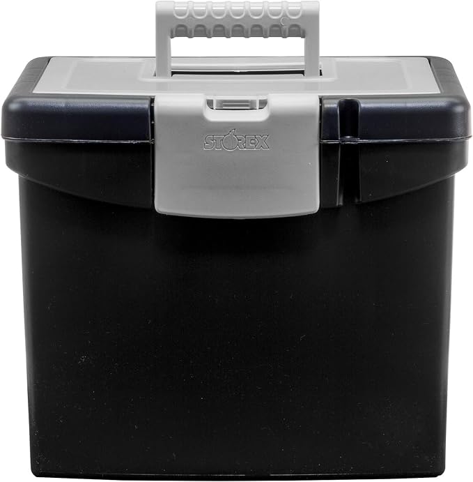 Storex 61504B02C Portable File Box with XL Lid, 11 x 13-1/2 x 11 Inches, Black (Pack of 3)