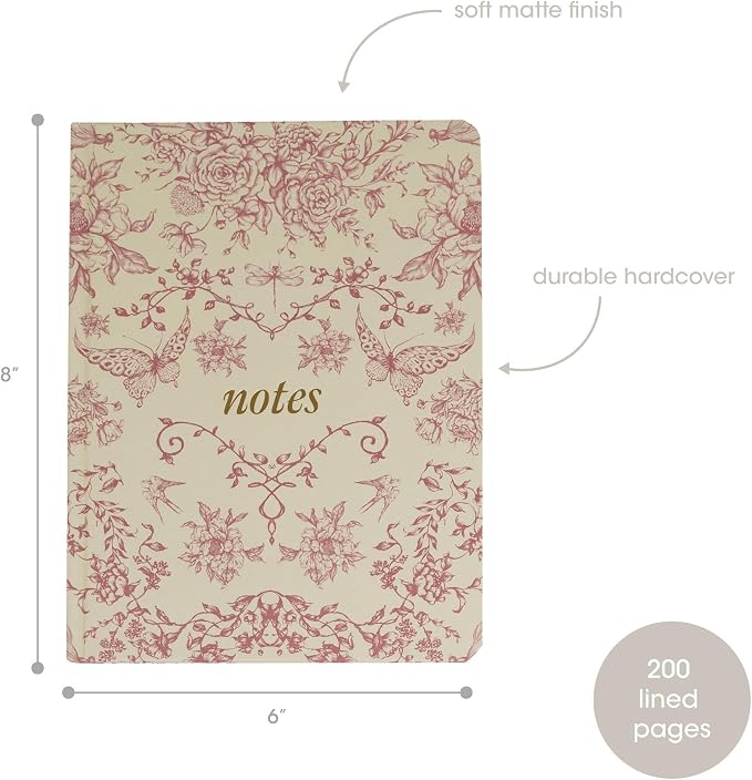 Pearhead Hardcover Journal Notebook 6x8 – Red Toile Botanical Dragonfly Print College-Ruled Writing Journal with 200 Lined Pages for Notes, Work & Journaling