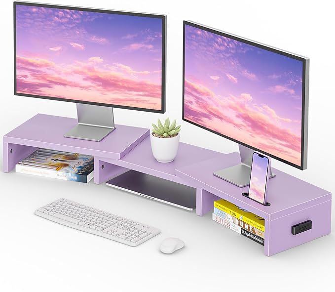BONTEC Dual Monitor Stand Riser with Smartphone Holder, Adjustable Length & Swivel Angle, Ergonomic Wooden Desktop Organizer for PC Monitor, Laptop, Printer, Large Storage, 42.5 in, Purple