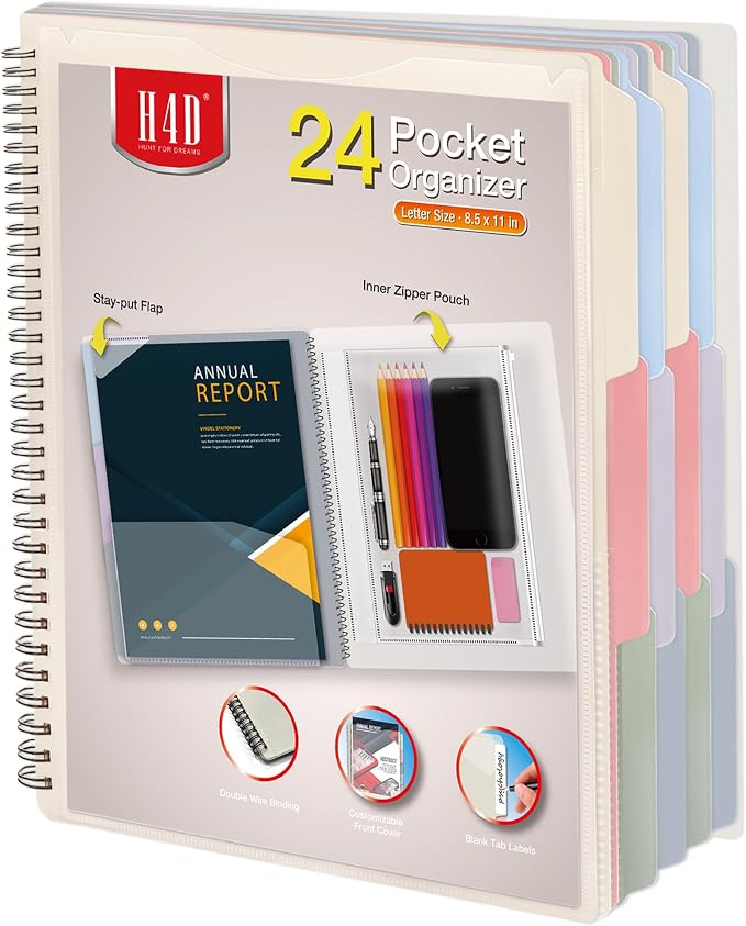 H4D 24 Pocket Poly Project Organizer, Multi Pocket Folder, Pastel Colors | Spiral, Multi-Subject, Folder Notebook, Letter Size