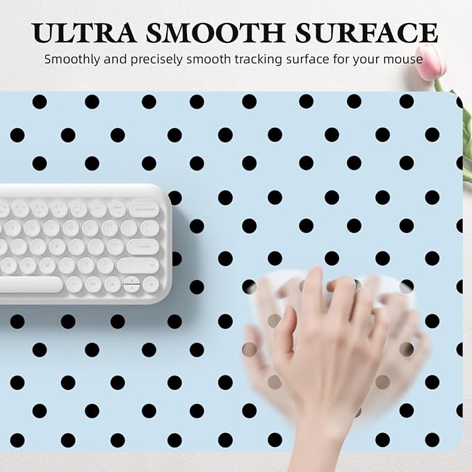 Black Polka Dot Leather Desk Mat Extended Gaming Mouse Pad | Non-slip Large Writing Pad Laptop Blotter Computer Keyboard Mat | Cute Blue Desk Protector for Home Office 23.6" x 11.8"