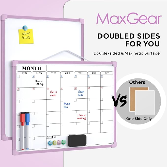 MaxGear Monthly Calendar Dry Erase Board for Wall, 16"x12", Purple Frame | Double-Sided, Hanging Small White Board, Portable Whiteboard for Planning, Drawing, Memo, to Do List, Home, Kitchen, Office