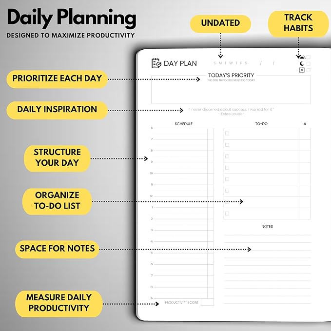 Wyze Planner Undated Daily Planner – 6-Month A5 Productivity Organizer with Full Page Per Day, ADHD Friendly, Hourly Schedule, Goal Setting, Habit Tracker, Weekly & Monthly Pages – Hardcover Time Management Notebook (Black)