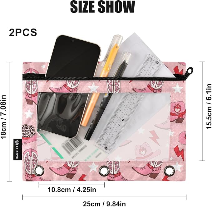 Emelivor Hat Boots Pink Pencil Pouch for 3 Ring Binder 2 Pack Binder Pencil Pouches Zippered Clear Pencil Case Cosmetic Bag for Office Work College Home Supplies