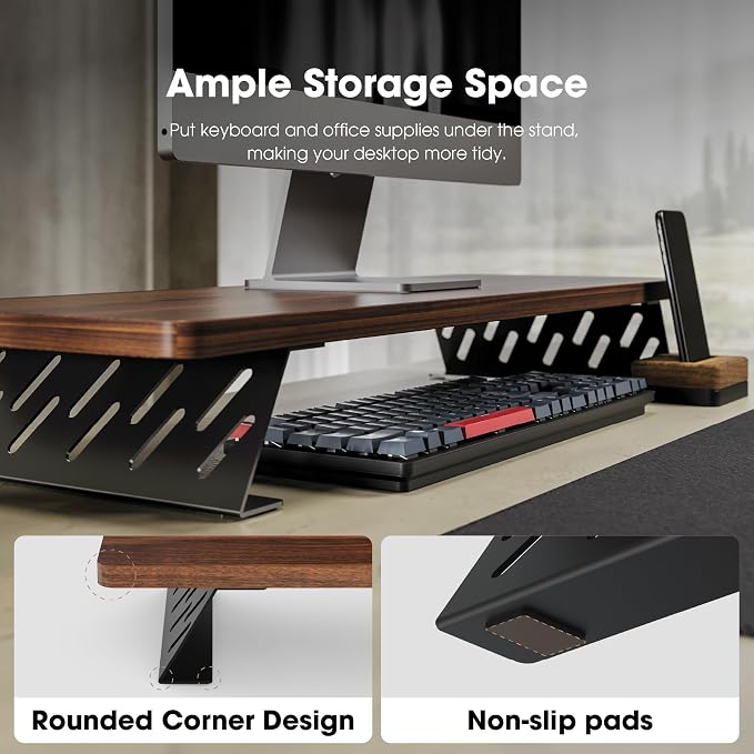 Fenge Monitor Stand Riser, Wooden & Metal Desk Shelf Organizer, Brown | 31.5 Inch Computer Stand for Compact Work Station, Multifunctional Monitor Shelf for Laptop, PC, Printer