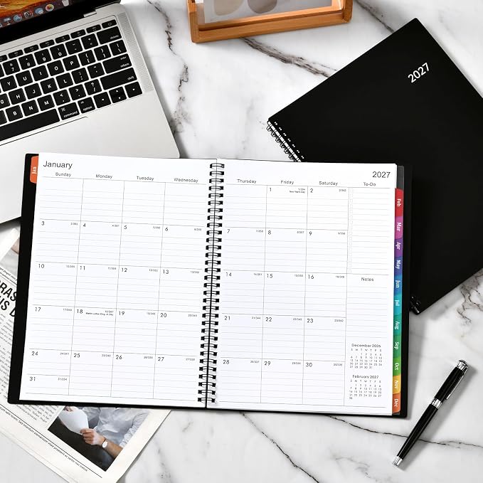 2027 Planner - 2027 Weekly and Monthly Planner | Jan. 2027 - Dec. 2027, 9” x 11”, Planner for Women Men with Twin-Wire Binding, 12 Colorful Tabs, Pocket, Holidays - Black