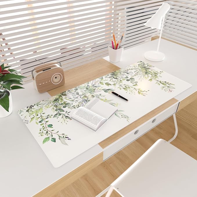 Colorful Star Green Leaves Waterproof Office Desk Mat, 31.5" x 15.7" | Large Non-Slip Gaming Mouse Pad, XXL PC Laptop Protector Pads, PU Leather Desk Writing Pads for Office Home