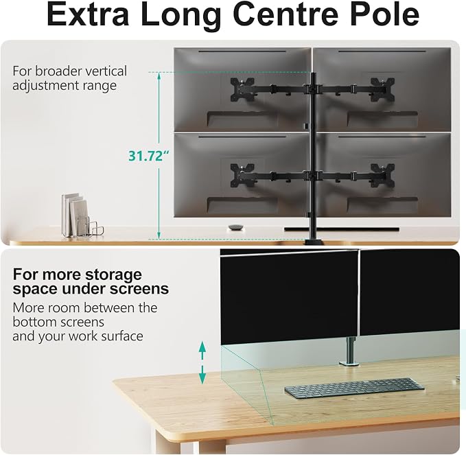 WALI Quad Monitor Desk Mount, 4 Monitor Stand Fits Heavy Duty Computer Screen up to 27 inch, Full Adjustable Arm Holds up to 22 lbs per Arm (M004), Black