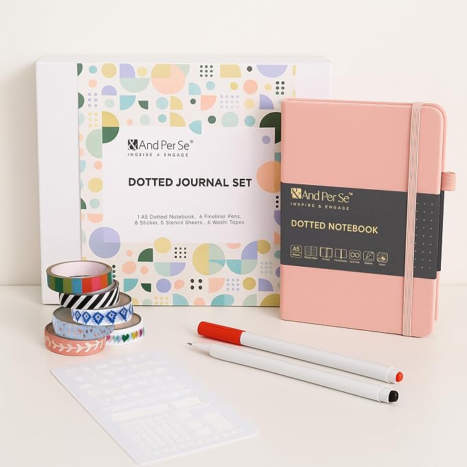 &And Per Se Dotted Journal Kit, A5 Hardcover Dot Grid Journal Notebook Set for Beginners with Journaling Supplies Stencils, Stickers, Washi Tapes & Colored Pens Accessories (Pink)