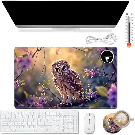 Heated Desk Pad Mouse Pad,Heated Desk Mat,with 3 Heating Levels & 3 Hours Auto Shut-Off,Leather 23.6"*14.2" Gaming Mouse Laptop Mat,Foot Warmer,Cute Owl Purple