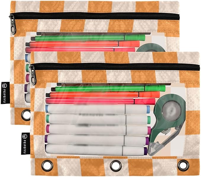 Orange Checkerboard Pencil Pouch for 3 Ring Binder 2 Pack Zipper Binder Pencil Bag Case with Clear Window Office Supplies